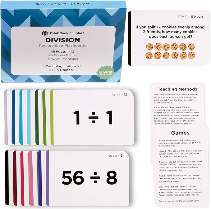 Think Tank Scholar Division Flash Cards - 300 Facts 1-12 - (Award Winning) Flashcards for Kids in 3rd, 4th, 5th, 6th Grade, Homeschool or Classroom - 6 Math Teaching Methods & 5 Games - Ages 8 and Up