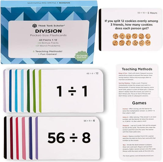 Think Tank Scholar Division Flash Cards - 300 Facts 1-12 - (Award Winning) Flashcards for Kids in 3rd, 4th, 5th, 6th Grade, Homeschool or Classroom - 6 Math Teaching Methods & 5 Games - Ages 8 and Up
