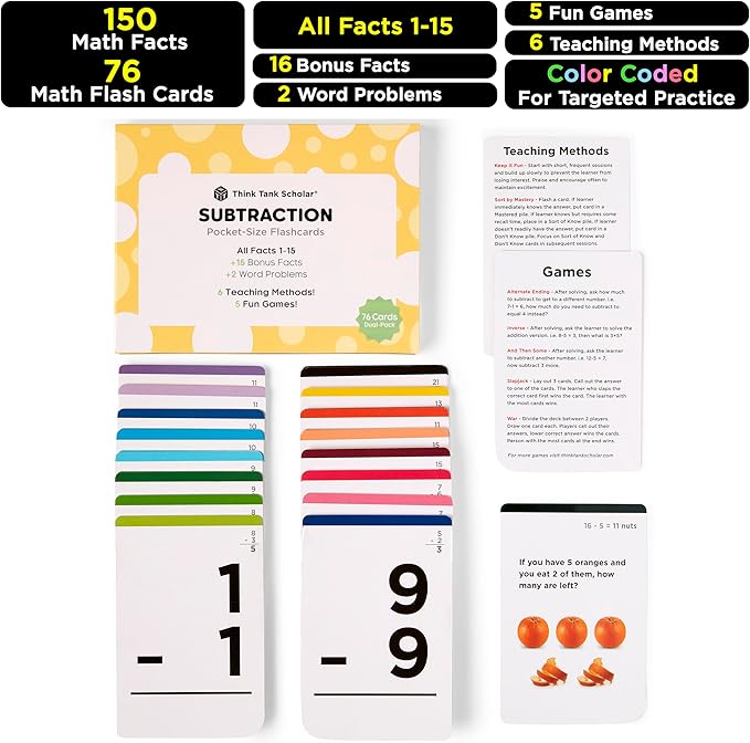 Think Tank Scholar Subtraction Flash Cards - 150 Facts 1-12 - (Award Winning) Math Flashcards for Kids Ages 4-8 in Kindergarten, 1st, 2nd, 3rd, 4th Grade & Homeschool - 6 Teaching Methods & 5 Games
