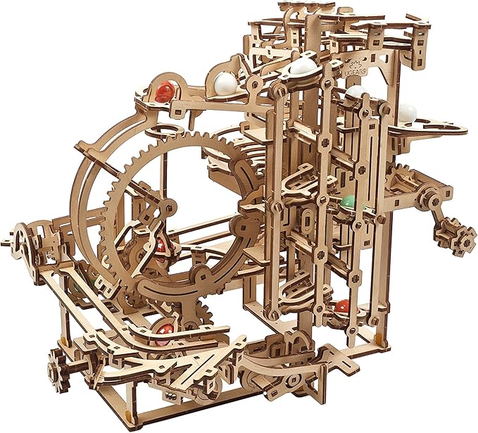 UGEARS 2 in 1 3D Puzzle Marble Run Chain Hoist Plus Stepped Hoist - DIY Marble Run Wooden Puzzle for Adults and Kids
