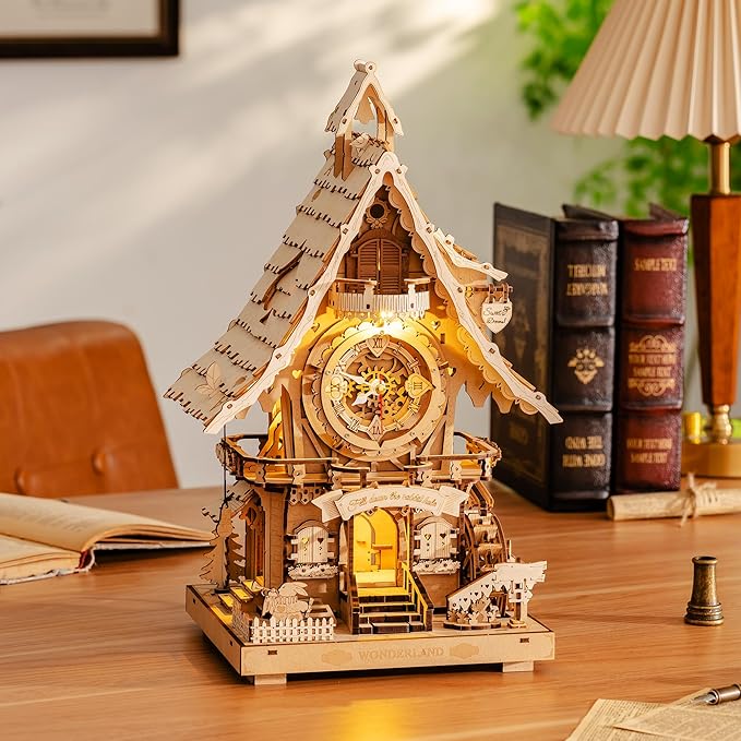 ROBOTIME 3D Wooden Puzzles for Adults-Cuckoo Clock Wooden Models for Adults to Build-435 Piece Model Kit with 2 Lights-Gift for Craft Enthusiast Model Building Set (Natural)