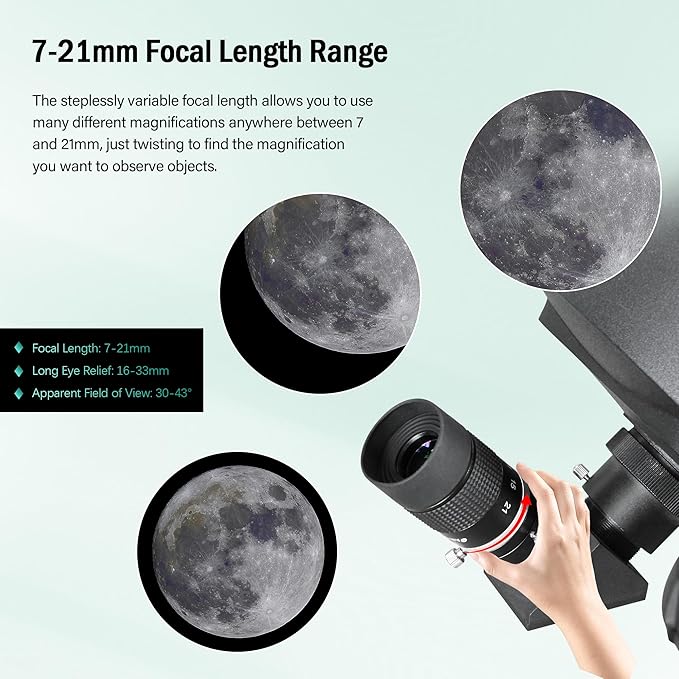 Astromania Zoom Eyepiece for Telescope, 7-21mm Zoom Lens Variable Power & Multi-Coated Design for Planetary & Deep Space Observation Compatible with Telescope That Accepts Telescope Eyepiece 1.25 Inch