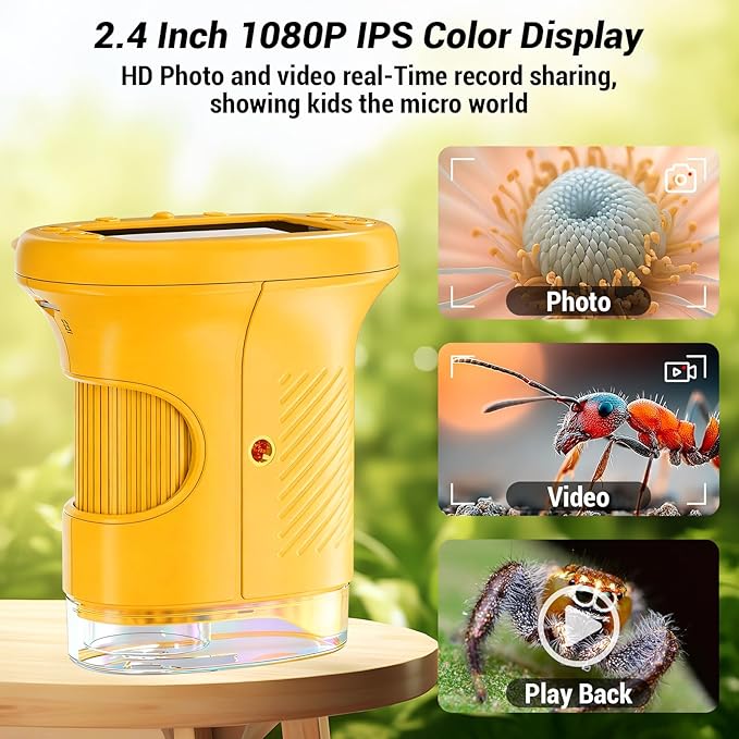 Pocket Kids Microscope, 1000X Handheld Microscope for Kids w/2.4'' Screen, Photo Video Mini Portable Microscopes Science Edu Digiscope, Christmas Birthday Gifts Ideas for Kids Ages 3-12(Orange)