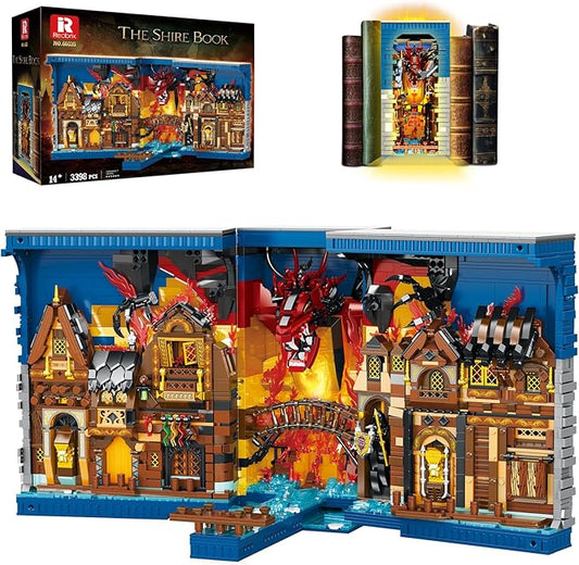 Reobrix Shire Booknook Building Set with Light, H.obbit-Themed DIY Bookend Building Block Kit for Adults, Medieval Dragon Book Nook 3398PCS, Bookshelf Home Decor for Kids Boys Girls Age 14+
