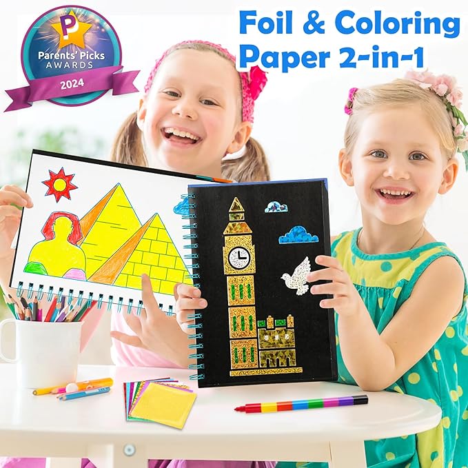 FUNNYB&G Foil Art Craft for Kids - Christmas Crafts Gift Party Favors Stocking Stuffers for Kids Fun Art Supplies Creative Birthday Gift Travel Toys for Girls Boys 4 5 6 7 8 9 Years Old(Buildings)