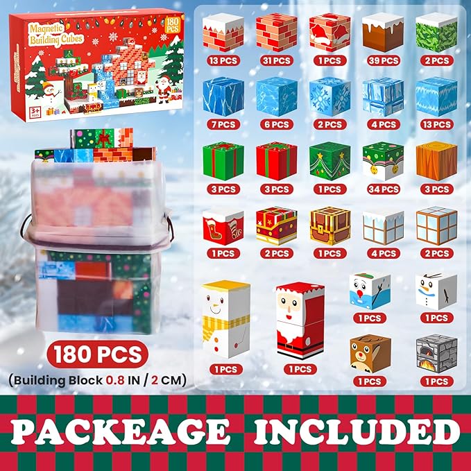 180PCS Magnetic Blocks - Christmas Magnetic Building Blocks Set for Kids – STEM Sensory Magnetic Cubes Tiles Building Toys for Boys Girls Toddlers Ages 3 4 5 6 7 8-12, Xmas Gifts & Stocking Stuffers