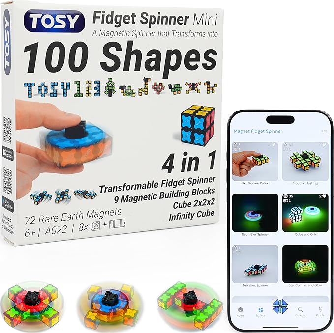 TOSY Magnet Fidget Spinner Mini - 8 Blocks, 3 in 1 Toy: Transformable Fidget Spinner, Infinity Cube, 2x2 Puzzle Cube, Christmas Stocking Stuffers Gift for Kids/Adults, STEM Sensory Stress Relief Toy