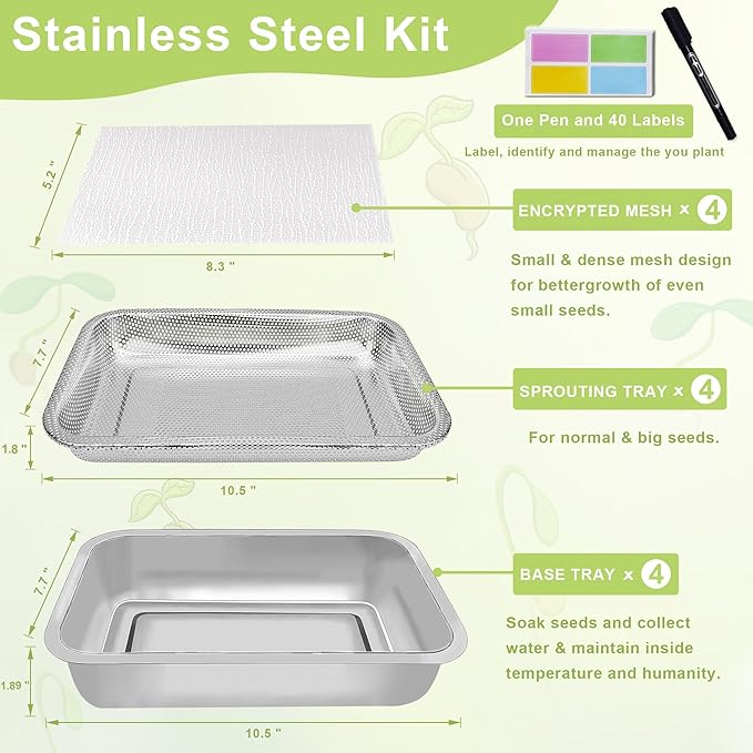 Stainless Steel Sprouts Growing Kit 4-Tier 10.4 inch Trays, Microgreens Growing Kit, Seed Sprouting Tray with Encrypted Mesh Sprouts for Beans Alfalfa Broccoli Wheat Grass