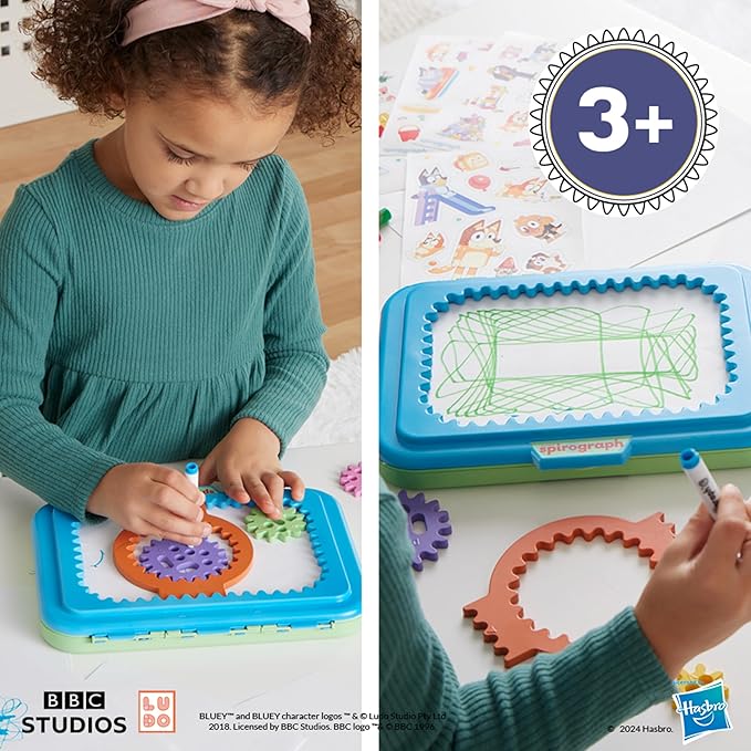 Spirograph Jr Bluey Toys - Toddler Arts and Crafts, Drawing Art Kit, Toddler Activities, Bluey Stickers, Drawing Pad, Jumbo Gears, Washable Markers, Unleash Your Child Inner Artist, Ages 3+