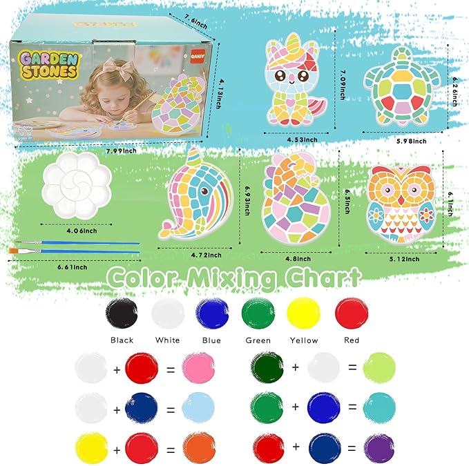 QANIY Stepping Stones Painting Kit for Kids Ages 4-12,5 Pack Outdoor Garden Stone Crafts,Outdoor Art & Craft Activity Set, Creative Gift for Boys & Girls (Art)