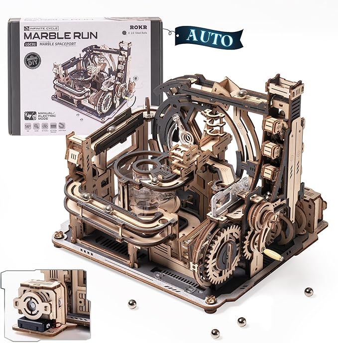 ROKR 3D Puzzles for Adults, Electric Model Kits Marble Spaceport LGC01, 472pcs Marble Run Brain Teaser Wooden Puzzles Building Toy, Desk Decor Creative Birthday Gifts for Men/Women 14+