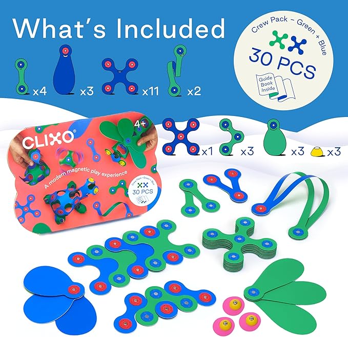 Clixo Crew 30 Piece Pack - The Flexible, Durable, Imagination-Boosting Magnetic Building Toy - Modern, Modular Designs for Hours of STEM Play. A Multi-Sensory Magnet Toy Experience Anywhere! Ages 4-99