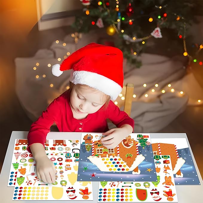 LINAYE 48PCS Make A Gingerbread House Stickers, Christmas Crafts for Kids Toddlers, Gingerbread House Craft Stickers, Christmas Activities Games for Kids Party Favors, 24 Finished Products