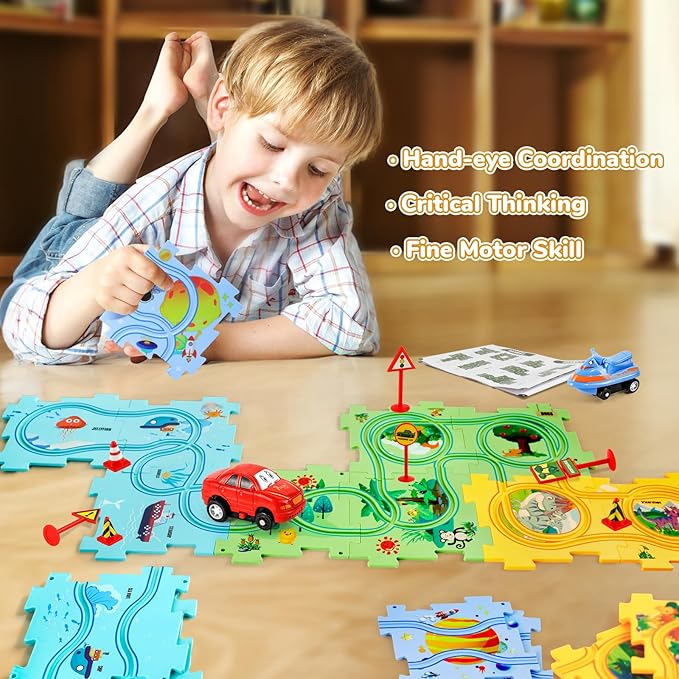 Puzzle Racer Kids Car Track Set, Kids Toys Boys 3-5, Toys for 3 4 5 6 Year Old Boys, Toys for Ages 3-4, Montessori Toys for 3+ Year Old, Fat Brain Toys(100Pcs, 4 Themes)