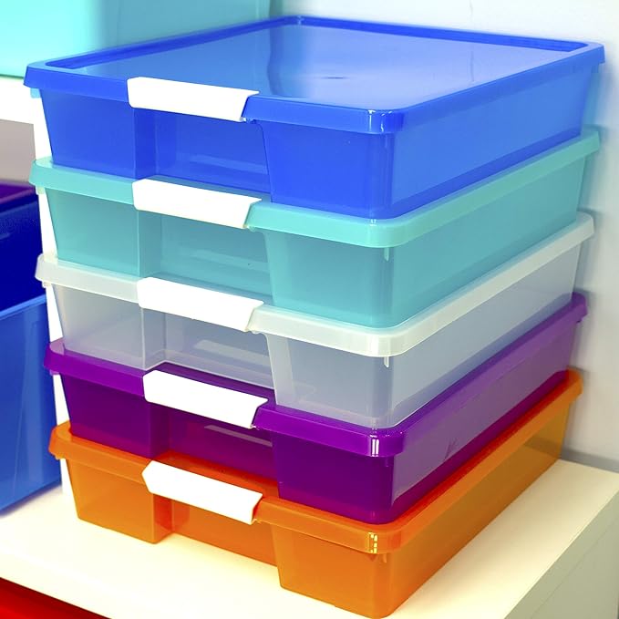 Storex Classroom Craft Project Box – Stacking Plastic Organizer Fits 12x12 Scrapbooking Paper, Assorted STEAM Colors, 5-Pack (63202C05C)