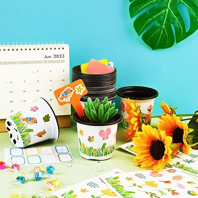 Kavoc 30 Pcs Garden Pot Craft Kit,Kindergarten Handmade Flower Pot Crafts with Stickers Plant Labels Name Tags,Flower Planting Growing Kit for Birthday Mothers Day Arts Kit