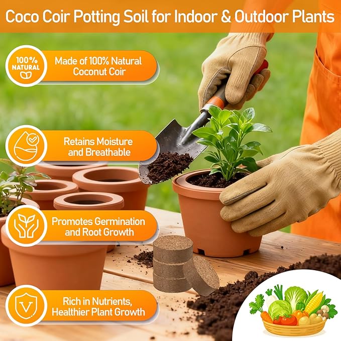 Legigo 200 PCS 40mm Coco Coir Pellets Potting Soil Mix- Compressed Coconut Coir Discs Seed Starting Soil Pellets, Coco Peat Soil Pods for Indoor & Outdoor Plants, Gardening Herbs Bonsai and Vegetables