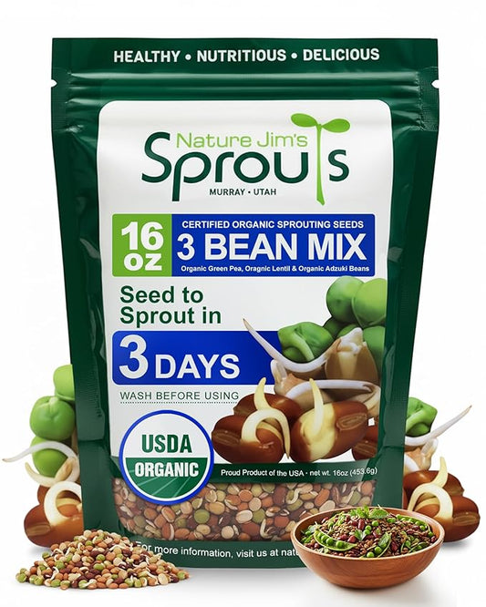 Nature Jims Sprouts 3 Bean Seed Mix - Certified Organic Green Pea, Lentil, Adzuki Bean Seeds for Planting - Non-GMO Vegetable Seeds - Resealable Bag for Freshness - Fast Sprouting Bean Seeds - 16 Oz