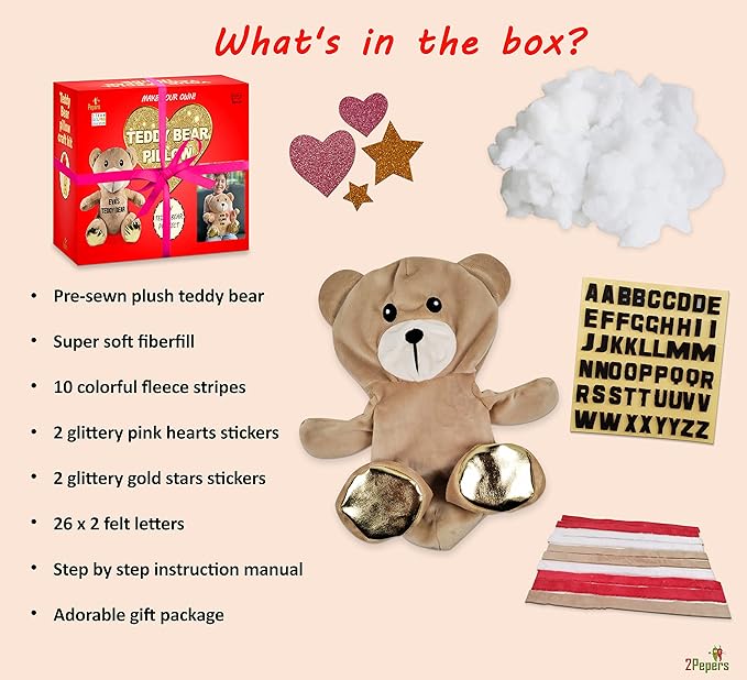 Make Your Own Teddy Bear Plush Pillow Kit Arts and Crafts for Girls (No Sew), Teddy Bear Craft Kit for Girls Ages 3-5 4-6 5-7 Years Old Birthday Present, for Kids, DIY Kids Crafts