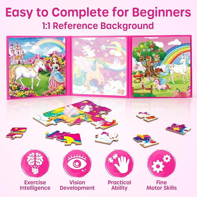 SYNARRY Unicorn Princess Fairy Magnetic Puzzles for Toddlers 3-5 Girls, 20 Pieces Travel Puzzles for Kids Ages 4-6, Car Airplane Road Trip Activities Games Toys for 3 4 5 Year Old Girls Birthday Gifts