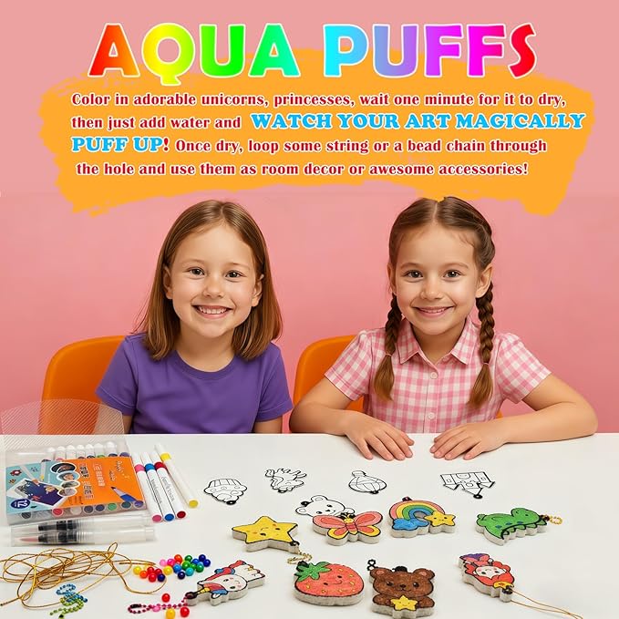 Aqua Puffs 3D Art Kit for Kids, Stocking Stuffers – Mess-Free Paint by Number Crafts with Princesses & Unicorns, DIY Color & Inflate Activity Set, Creative Travel Toy & Gift for Girls & Boys Ages 4-10