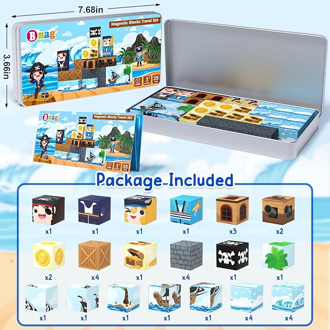 Bmag Magnetic Building Blocks Set - 35 PCS Pirate Ship, STEM Educational Magnet Toys for Kids Age 3+, Travel-Friendly with Storage Box