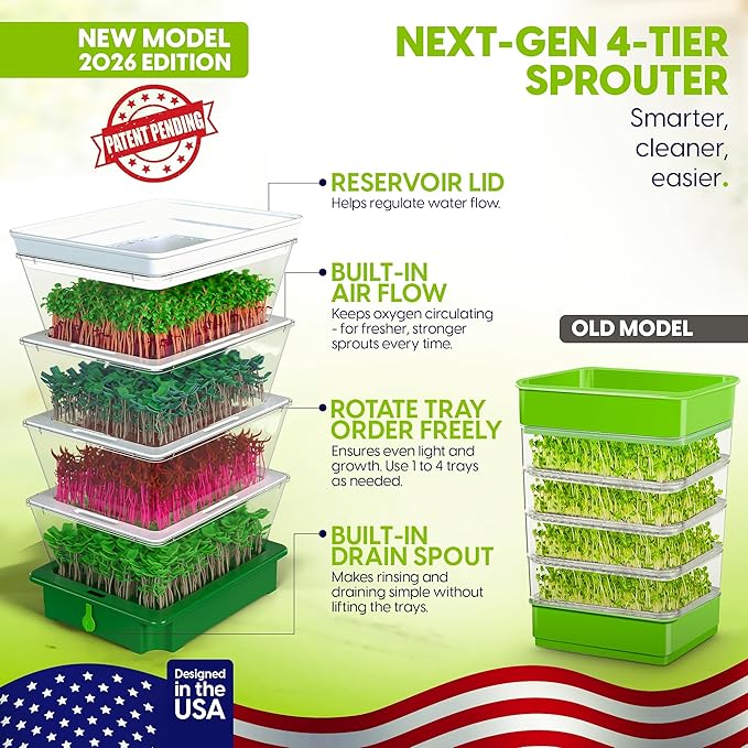 2026 Upgraded 4-Tier Stackable Seed Sprouter with Air Holes & Easy Sink-Draining Spout Tray – Soil-Free Sprouting System for Broccoli, Alfalfa & Bean Sprouts.