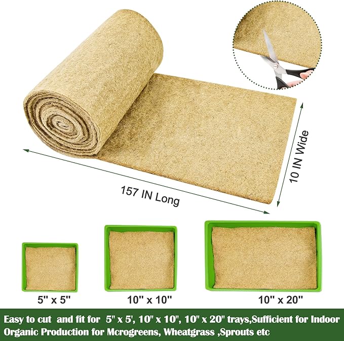 1 Roll 10" X 157" Microgreen Grow Mat Natural Fiber Grow Mats Microgreens Grow Kit Hydroponic Pads Indoor Organic Production for Microgreen Starter Tray Wheatgrass Sprouts