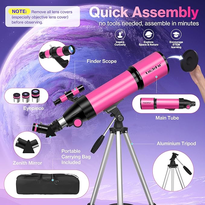 Telescope for Adults High Powered, 80mm Aperture 600mm Telescopes for Astronomy Adults&Kids&Beginners, Portable Travel Refractor Telescope with Tripod&Phone Adapter&Bag for Ground&Moon Viewing, Pink