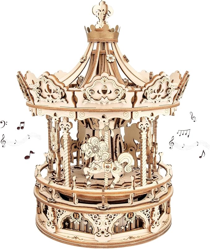 ROKR 3D Wooden Puzzles Music Box - DIY Model Building Kit Mechanical Merry-go-Round Exquisite Display Gifts for Teens Man/Woman Family