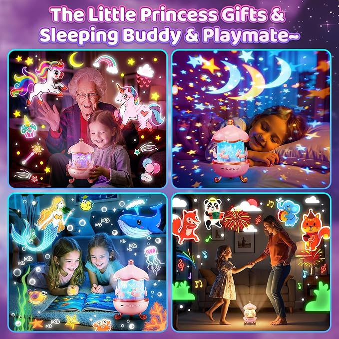 Christmas Gifts for Girls Toys, 15 Music+15 Films+315 Colors Night Light Projector, 360°+Remote+Cordless Star Projector for Kids, Mermaid Princess Gifts for Girls Room Decor, Pink Baby Toddler Toys