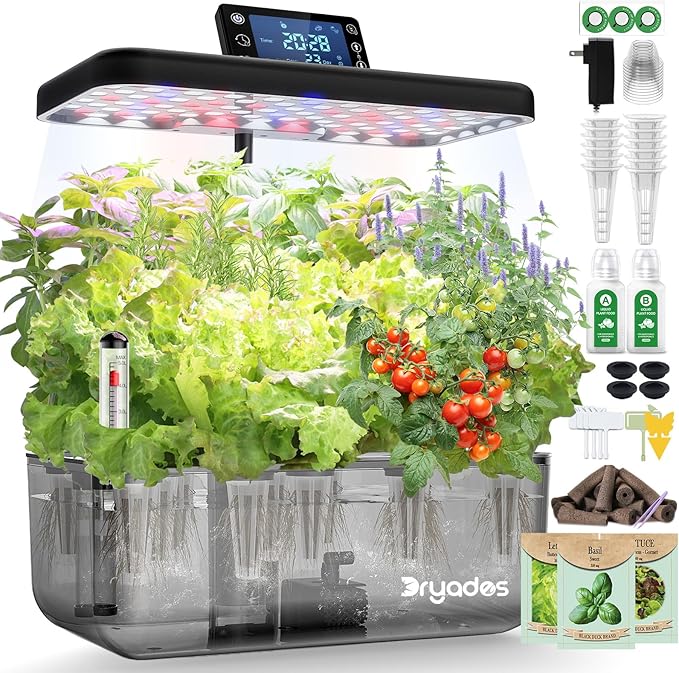 Hydroponic Growing System Kit with Operation Screen + 3 Free Seeds (Lettuce, Salad Mixed, Basil), 12 Pods Indoor Smart Gardening Herb Planter, 24W Full Spectrum LED Grow Light Growing System (Black)