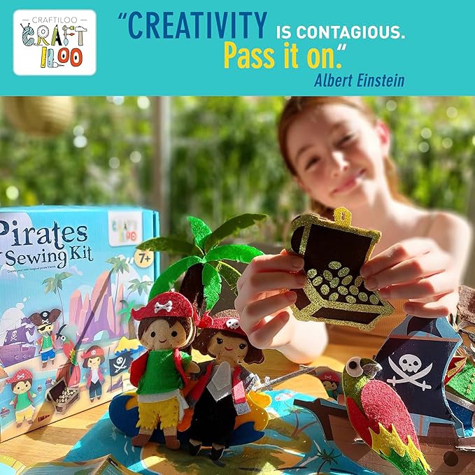 Pirates Pre-Cut Fun Kids Sewing Kit for Kids Ages 8-12 Children Beginners Sewing kit Kid Crafts Make Your Own Felt Pillow Plush Craft Kit Girls and Boys Art Craft Kits Learn to Sew Kit