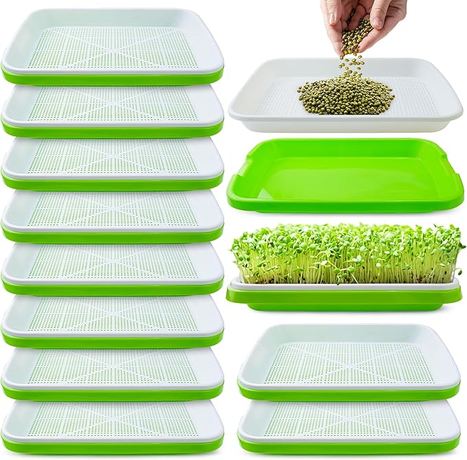Pack 10 of Seed Sprouter Tray with Drain Holes,Seed Germination Trays Kit BPA Free Nursery Tray,Soil-Free Wheatgrass Tray Sprouter Microgreens Growing Kit (Green-10 Pack)