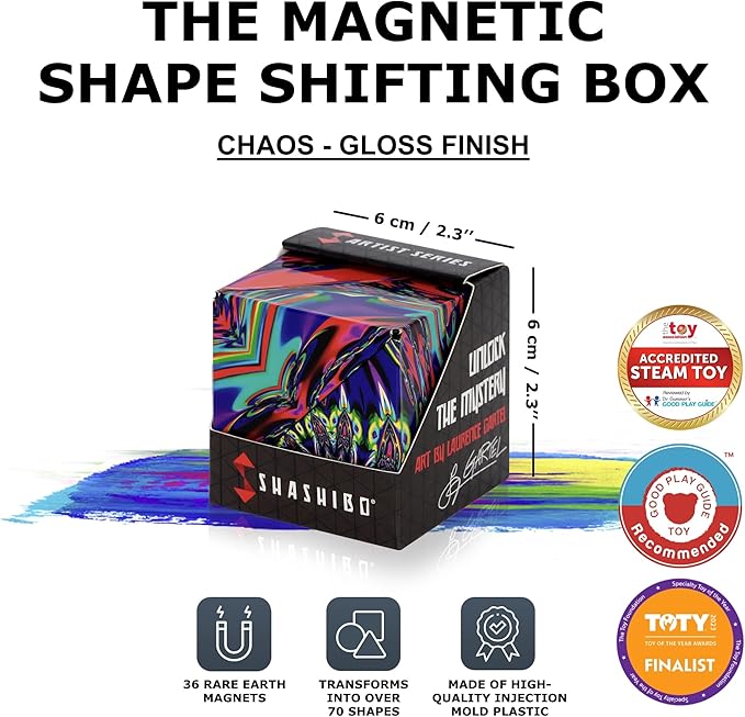 SHASHIBO Shape Shifting Box - Award-Winning Fidget Toy w/ 36 Rare Earth Magnets - Fidget Cube Transforms Into Over 70 Shapes, Sensory Toy Gift for Kids, Teens, and Adults (Chaos)