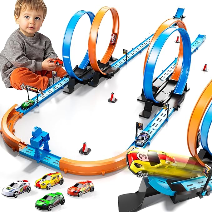 Toy Car Track Gift Set for Boys Kids Age 3-5 4-7 8-12, Long Race Tracks with 4 Action Loops and 4 High-Speed Slot Die-Cast Race Cars, 35+ Pieces Race Tracks to Create Multiple Configurations