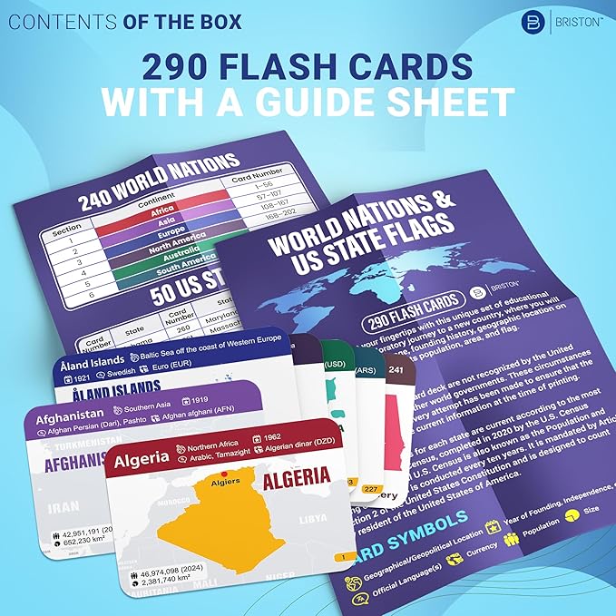 World Nations & US State Flags Flash Cards – 290 Geography Flashcards for Kids Teens Adults, Learn Maps Capitals Currencies Populations – Educational Homeschool Classroom Travel Study Set