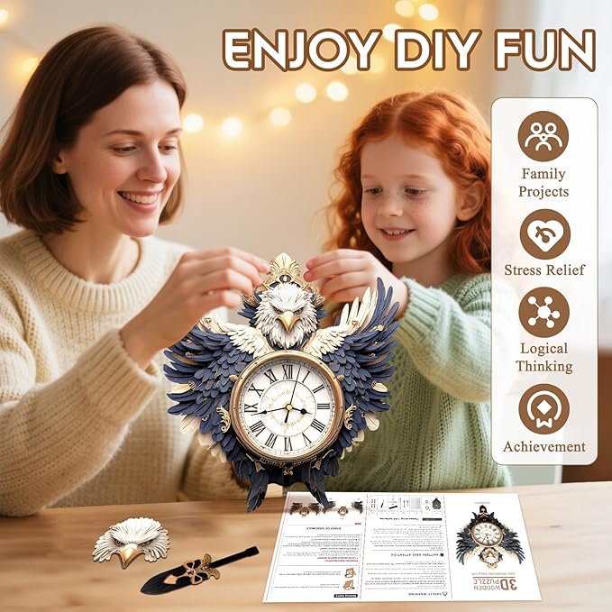 3D Puzzles for Adults Clock-Eagle Design Model Kit-Mechanical DIY Pendulum Clock with Roman Numerals-Desk Home Office Decor Personalized Gift for DIY Lovers