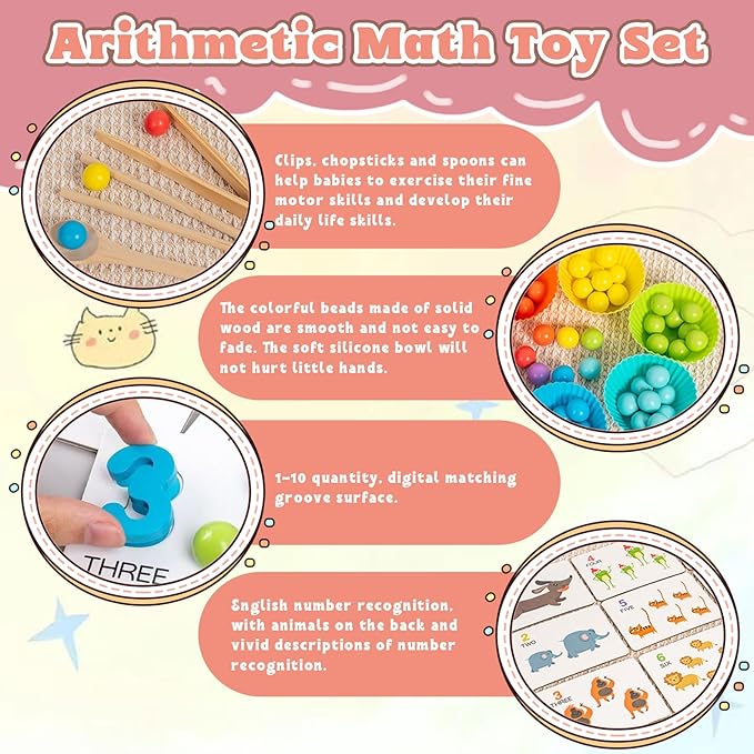 Montessori Arithmetic Math Toy Set, Montessori Arithmetic Kit, Silicone Number Learning with Beads, Number Cognitive Clip Bead Matching Gamefor Early Childhood Educational Activities (1Set)