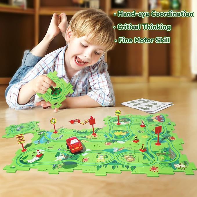 New Plastic Puzzles for Kids Ages 3-5 with A Cute Vehicle, Toddler Puzzles Gift, Critical Thinking Educational Toys, Toys for 3 4 5 6 Year Old Boys Girls, Fun Race Car Track Montessori Toys for Kids