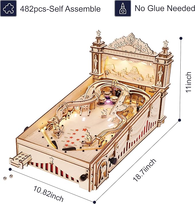 Rowood Wooden Puzzles 3D Pinball Machine Mechanical Model Wooden 3D Puzzles for Adults DIY Pinball Game Wooden Puzzle-Model Building Kits Christmas Birthday Gifts for Adult and 14+