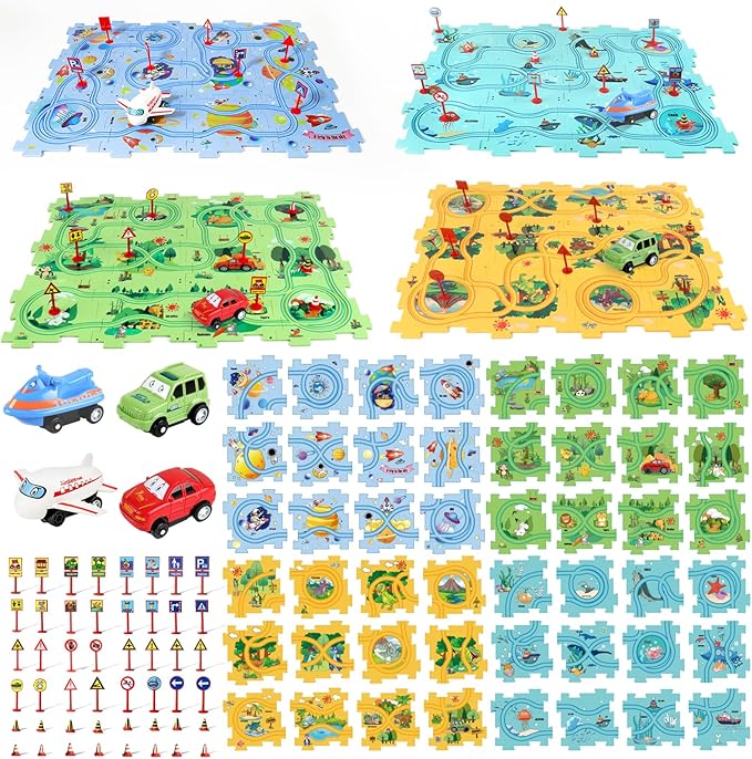Puzzle Racer Kids Car Track Set, Kids Toys Boys 3-5, Toys for 3 4 5 6 Year Old Boys, Toys for Ages 3-4, Montessori Toys for 3+ Year Old, Fat Brain Toys(100Pcs, 4 Themes)