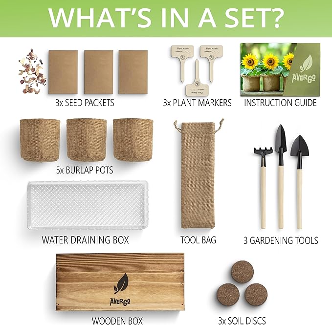 AVERGO Wildflower Seed Mix Growing Kit - Includes Perennial & Annual Wild Flowers, Burlap Planters, Soil, Wooden Box, and Gardening Tools for Indoor Garden and Patio Planting