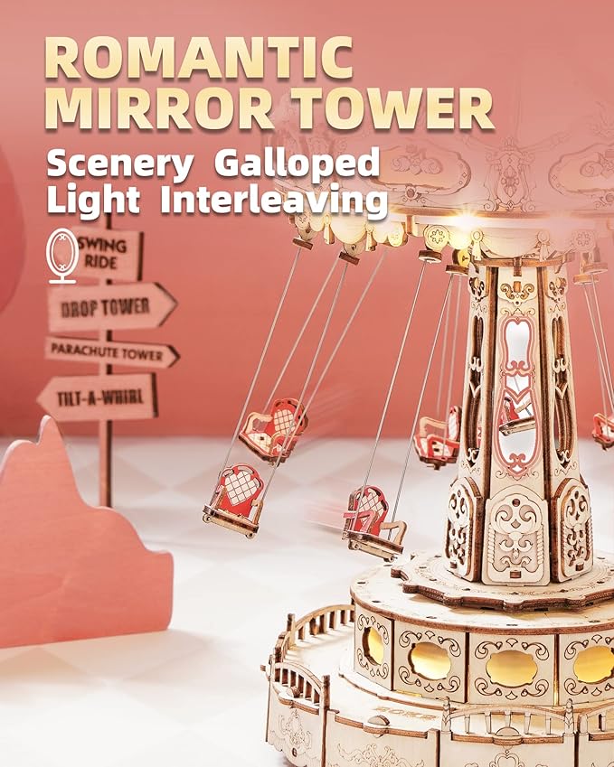 ROKR 3D Puzzles for Adults-Projects for Teens-LED Swing Ride Model Building Kit-Music Box DIY Kit-Gift for Teens and Adults