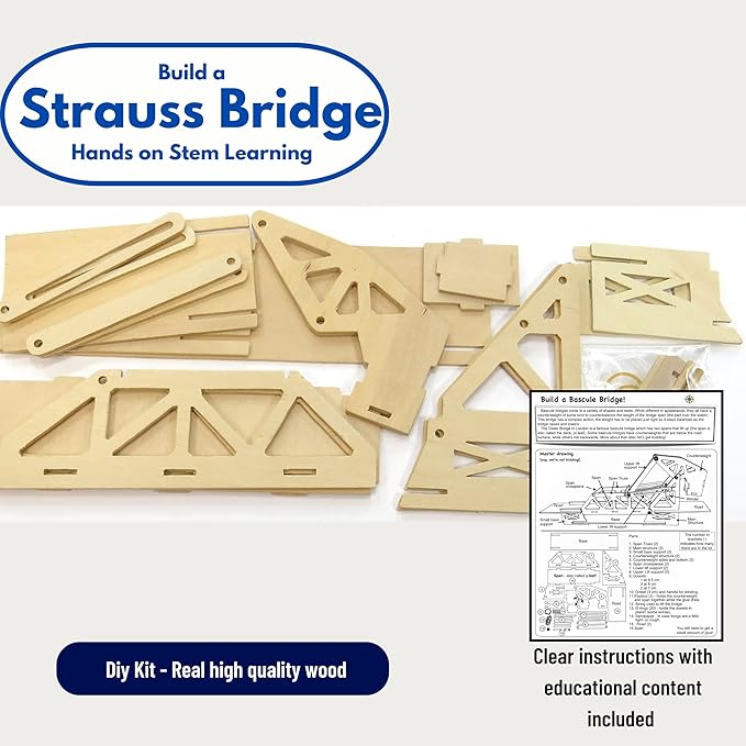 Pathfinders STEM Kit – Bridge Building Kit | Wooden Mechanical Engineering Toy for Kids Ages 7-9 | Strauss Bascule Bridge 3D Puzzle | Educational Science & STEM Project