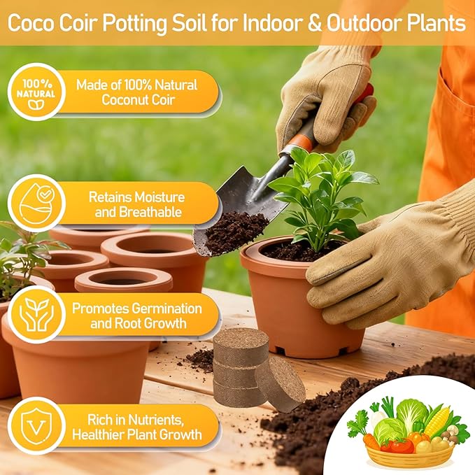 Legigo 200 PCS 50mm Coco Coir Pellets Potting Soil Mix- Compressed Coconut Coir Discs Seed Starting Soil Pellets, Coco Peat Soil Pods for Indoor & Outdoor Plants, Gardening Herbs Bonsai and Vegetables