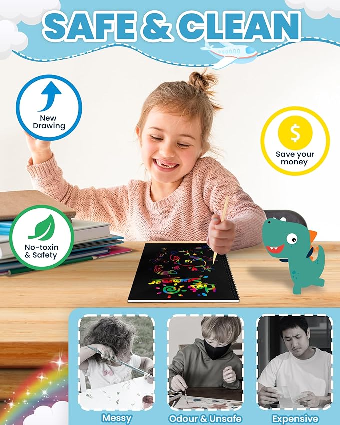 Smasiagon Scratch Paper Art-Crafts Kits for Kids, 2 Pack Scratch Off Notebooks Magic DIY Art Supplies Toys for 3-12 Years Old Girls Boys, Gifts for Birthday Halloween Christmas Party Favors Games