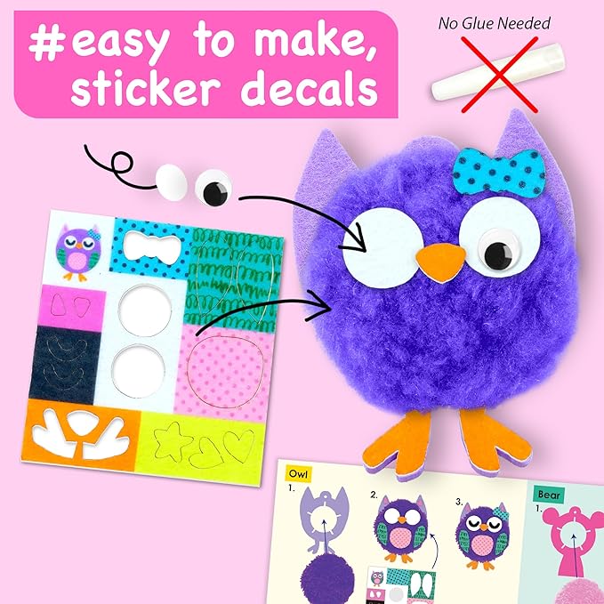 EZCRA Kids Crafts Ages 4-8 – 10 Plush Pom Pom Unicorn and Animals All-in-One DIY Craft Set – Felt Stickers, Educational & Creative Gift for Girls & Boys