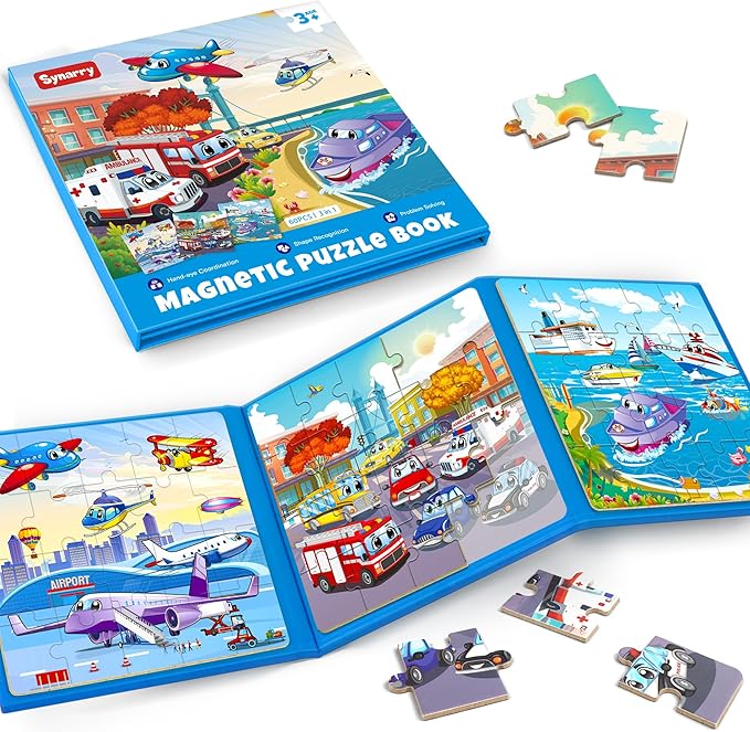 SYNARRY Air Land Water Transport Magnetic Puzzles for Toddlers 3-5, 20 Pieces Travel Puzzles for Kids Ages 4-6, Car Airplane Road Trip Activities Toys for 3 4 5 6 Year Old Boys Girls Birthday Gifts