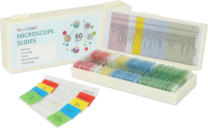 Microscope Slides with Specimens for Kids, 60 Lab-Grade Prepared Microscope Slides, Animal/Plant/Microbe/Tissue Samples, STEM Biology Kit for Homeschool, Classroom Labs & Science Education